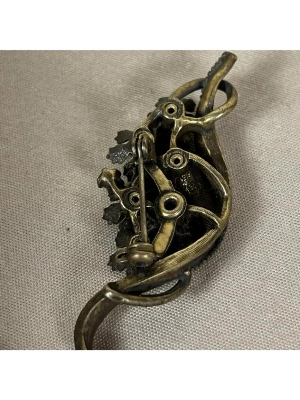 Vintage Art Nouveau Revival Floral Brooch Antique Bronze AB Rhinestone C39